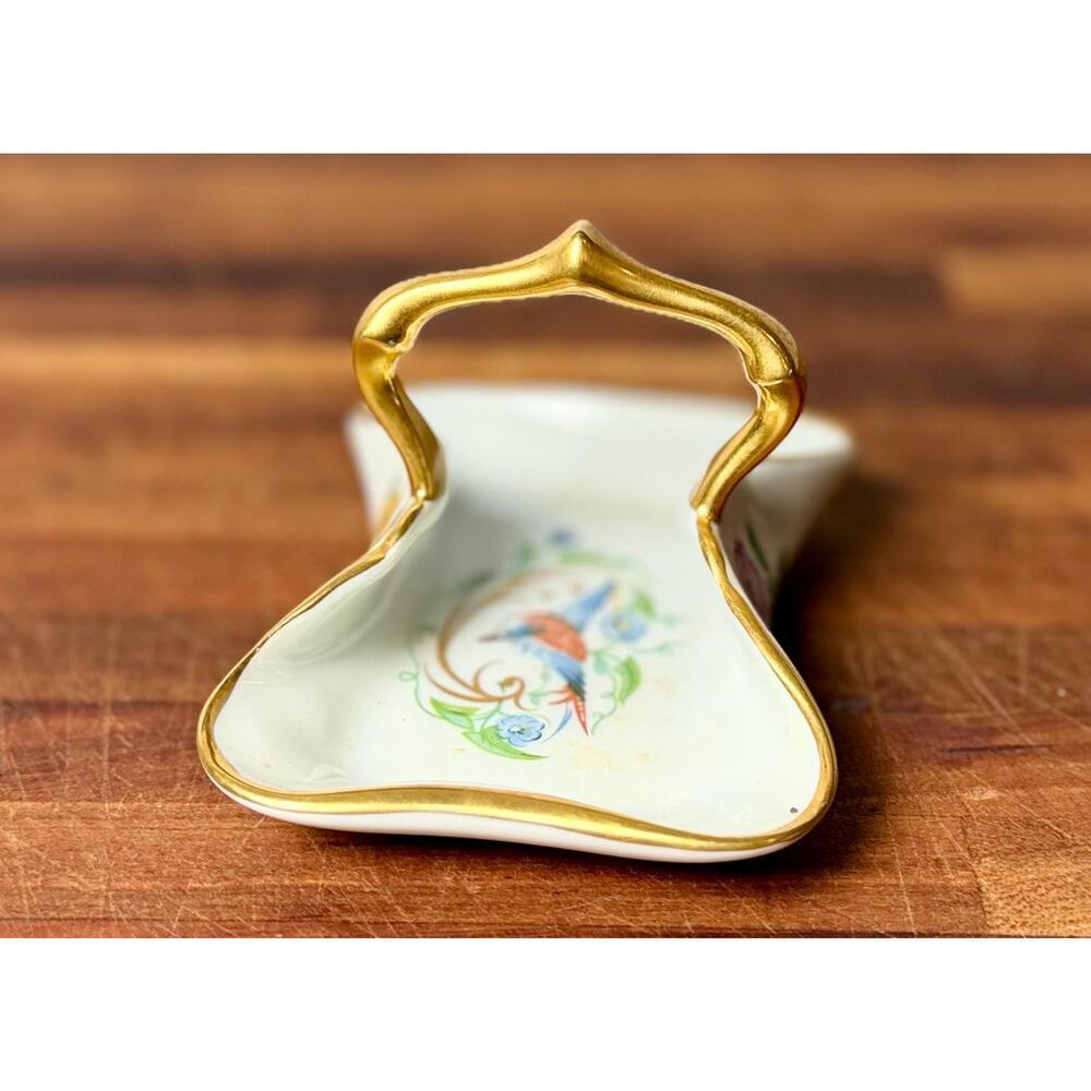Vintage Limoges Castel Porcelain Basket Dish: Bird Floral Gold Gilt Handle - Picture 4 of 15